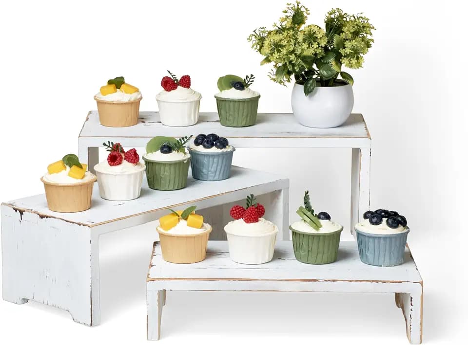 DAOYOUSKY Set of 3 Wooden Rustic Cupcake Stand for 24 Cupcakes, Stepped Wood Display Stand for Weddings, Tiered Party Buffet Table Display Nesting Riser for Food , Dessert, Cookie, Craft Show, White