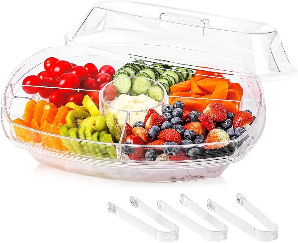 IVYHOME Fruit Ice Serving Tray, Chilled Veggie Tray, Shrimp Cocktail Serving Dish, Appetizer Serving Platter for Parties, with Lid and 4 Compartments