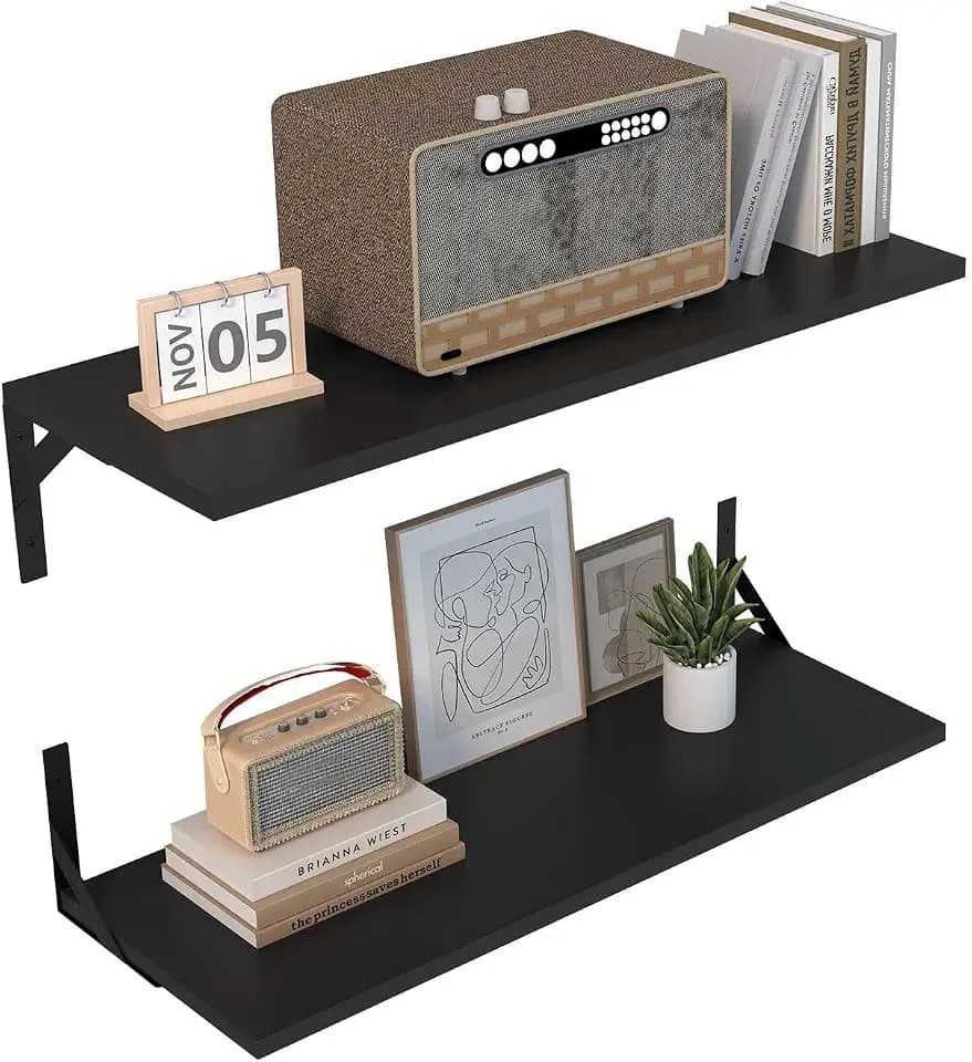 Large Wall Shelves, 31.5" W x 12" D Long Floating Shelves Set of 2, Wide Display Wood Shelf Wall Mounted with Heavy-Duty Metal Brackets for Bedroom Books, Living Room, Kitchen, Black