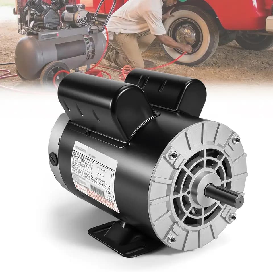 B385 5 HP SPL Air Compressor Motor, 3450 RPM 208-230V Single Phase, P56 Frame CCW Rotation, 5/8" Keyed Shaft, ODP Rigid Base Mount