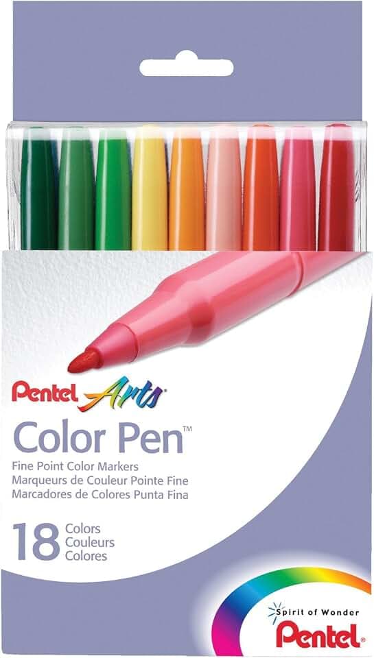 Color Pen Pentel, Fine Point Color Markers, Fiber Tip, Assorted Colors, Set of 18 (S360-18) (Pack of 1, 18 Count Total)