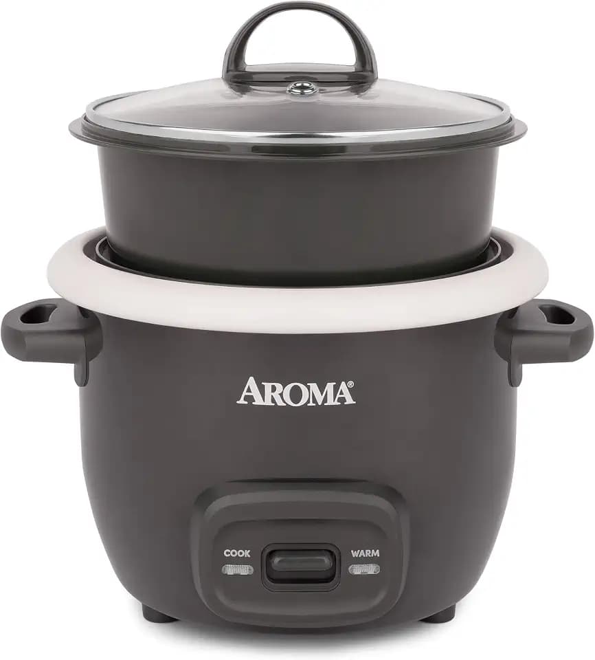 AROMA CoreCoat™ Mini Rice Cooker (3 Cups Cooked) with Nonstick Ceramic Pot Coating, Glass Lid, and Pop-Up Steamer Tray, 0.8 Quart