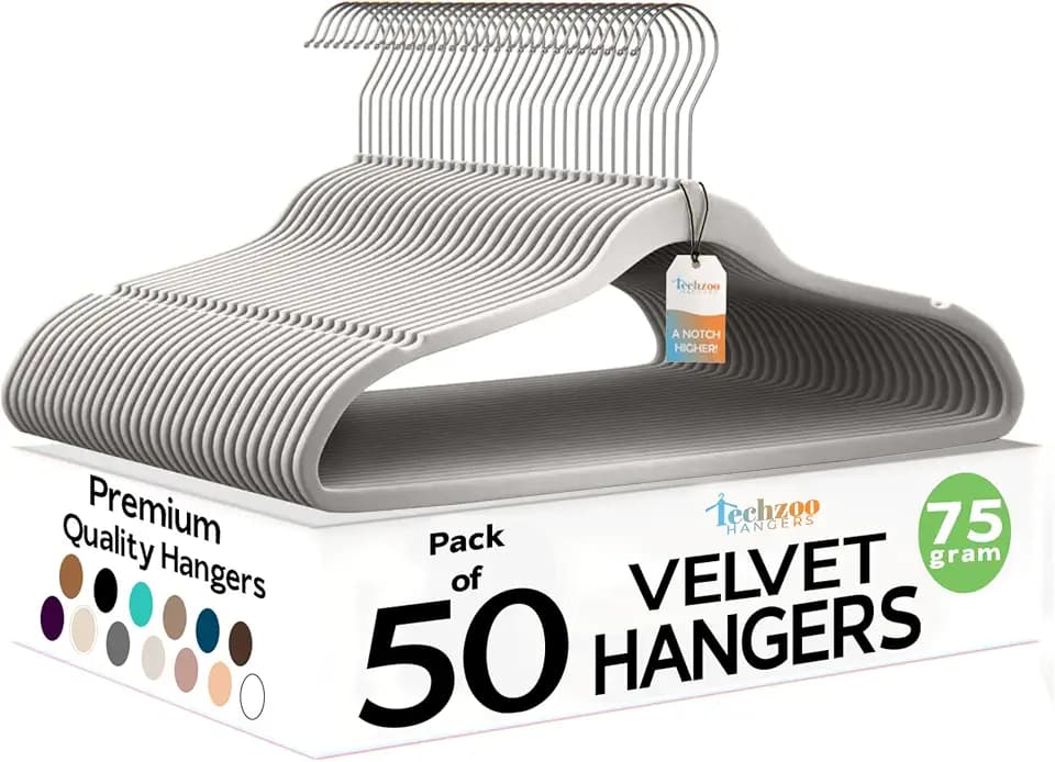 Techzoo Premium Velvet Hangers 50 Pack Ultra Thin Non Slip Adult Felt Space Saving Suit Hanger for Closet Heavy Duty Coat Pants Jackets Dress Hangers 360° Swivel Hook Hold Upto 10 lbs Silver Birch