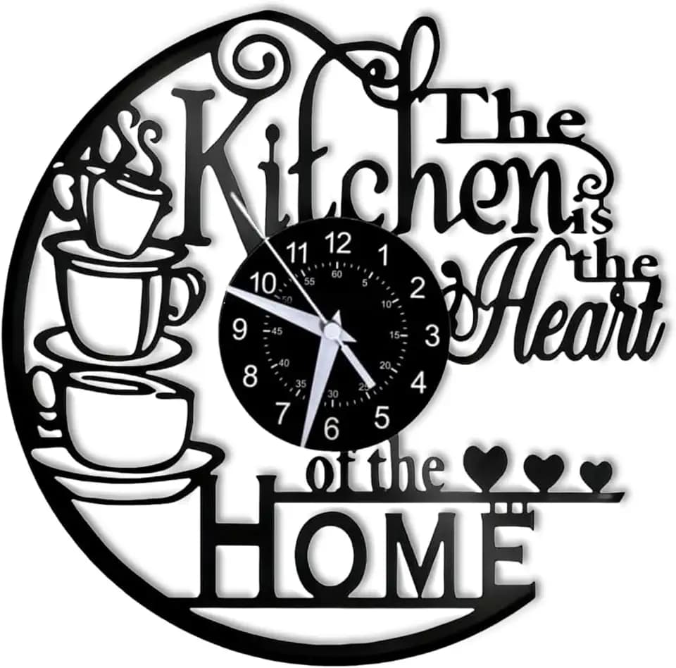 12 Inch Kitchen Wall Clock Vinyl Record Style – “Kitchen is the Heart of the Home” Silent Non-Ticking Battery Operated Wall Clock for Kitchen, Coffee Bar, Dining Room Decor, Gift for Women Wife
