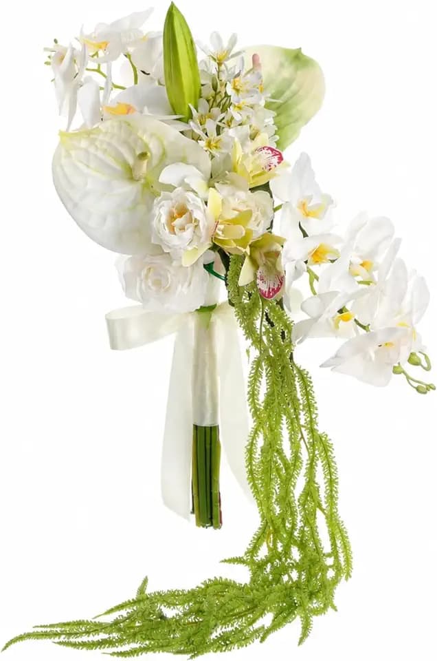 12 Inch Cascade Wedding Bouquets for Bride White Cascading Bridal Bouquet Artificial Flowers with Orchids Anthurium Rose Lily Bud and Amaranthus for Wedding Ceremony Anniversary Decor