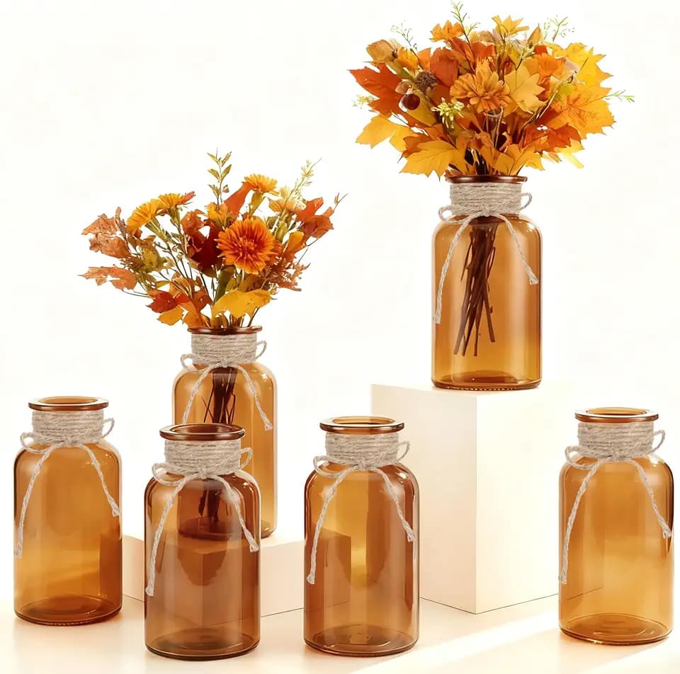 6 Pack Mason Jar Vases for Centerpieces, Amber Glass Flower Vase