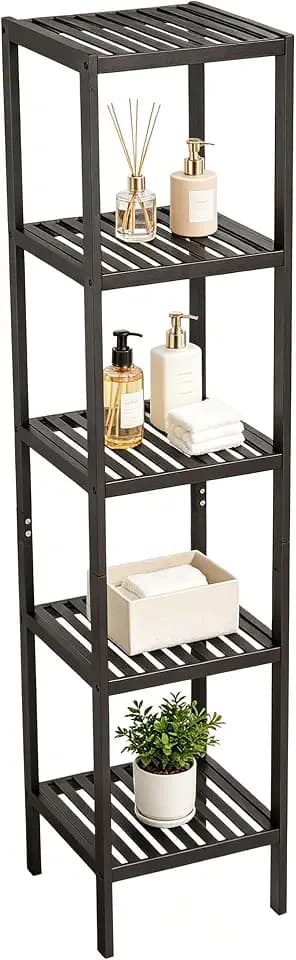 IDEALHOUSE Bamboo Storage Shelf, 5-Tier Freestanding Organizer, Narrow Corner Shelving Unit for Entryway, Bathroom, Living Room, Balcony, Kitchen, Natural Bamboo, 13 x 13 x 38.6 Inches, Brown