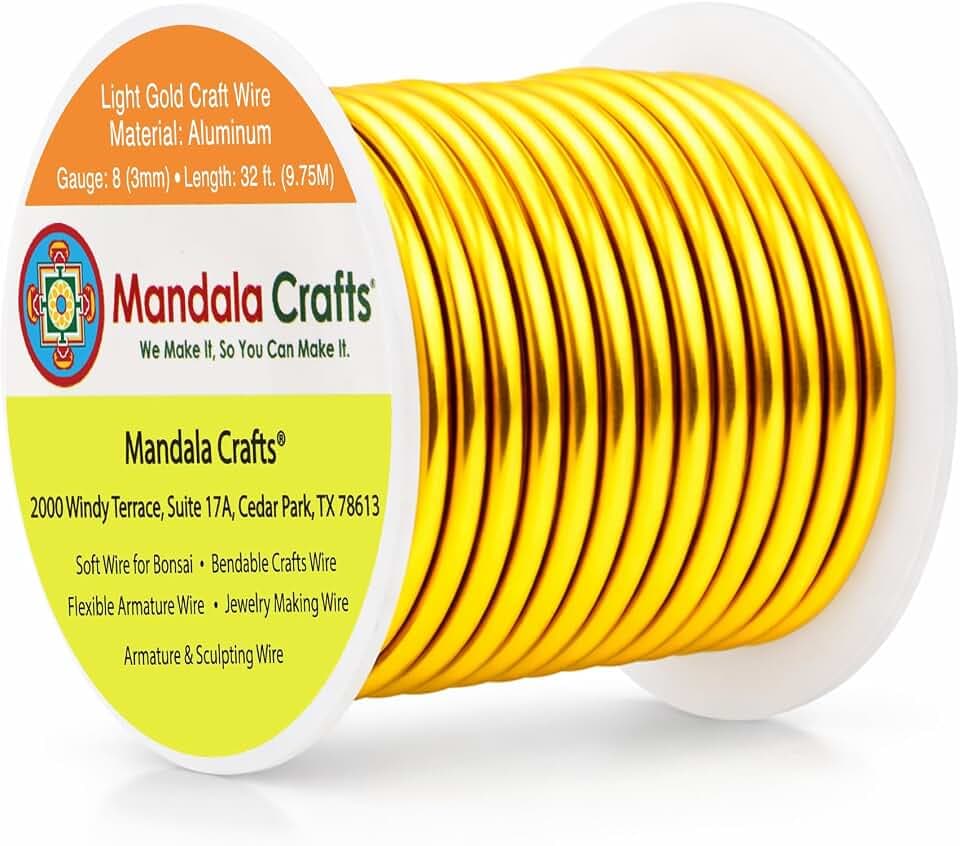 Mandala Crafts 8 Gauge Light Gold Tone Anodized Aluminum Craft Wire, 32 FT