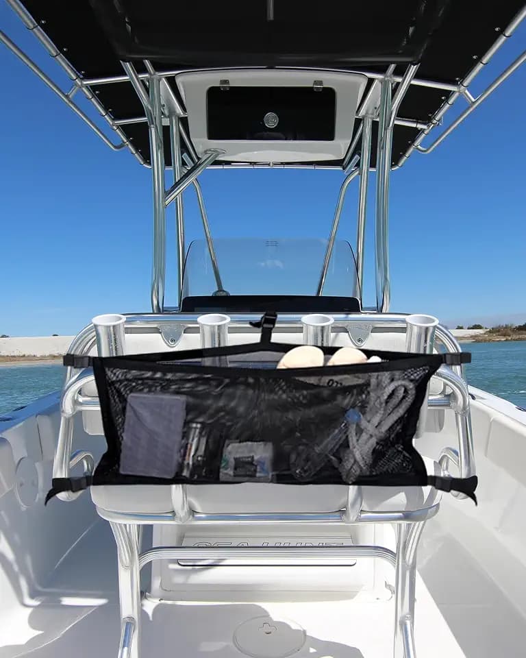 PLOZANO Boat Storage Bag with 3 Divisions, Adjustable Organizer, Mesh Tackle & Life Jacket Holder, Suspended Net for Leaning Post (24 INCH)