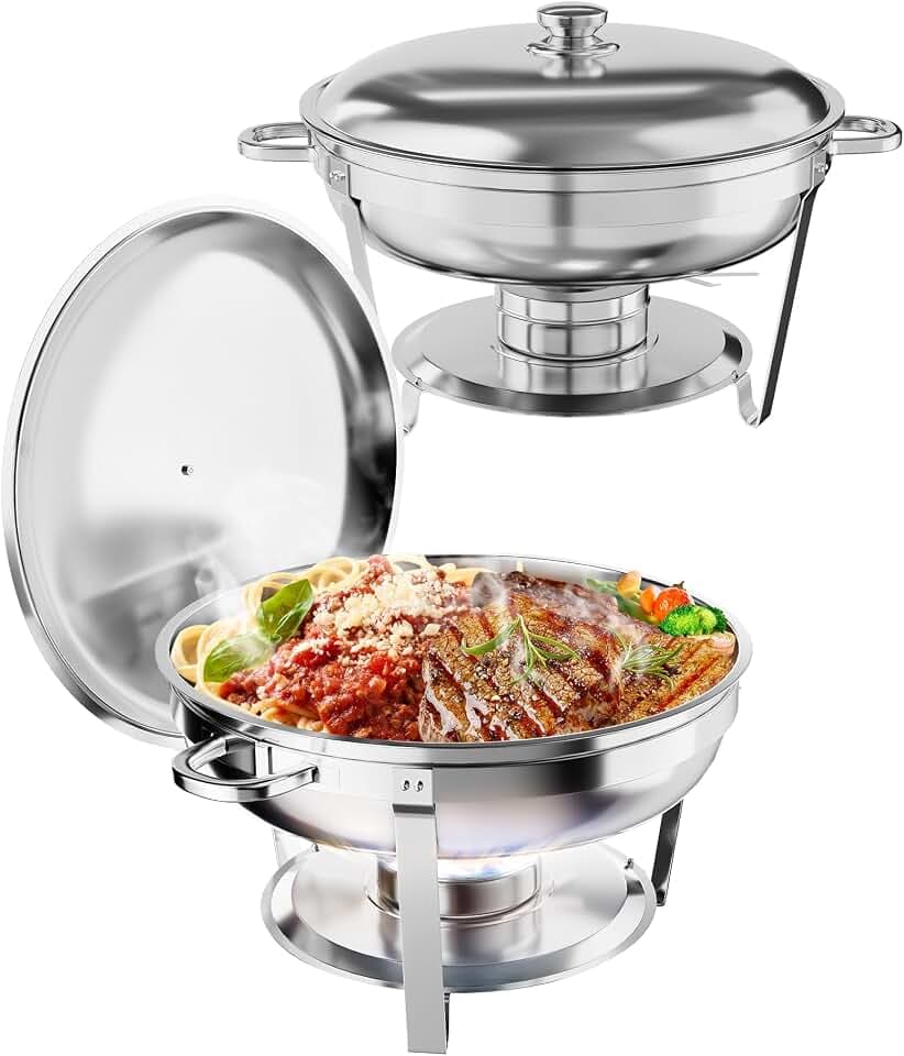 GAOMON 5QT Chafing Dish Buffet Set of 2 Pack, Round Stainless Steel Food Warmers Buffet Servers Sets, Chafer with Food & Water Pan, Lid, Frame, Fuel Holder for Catering and Parties