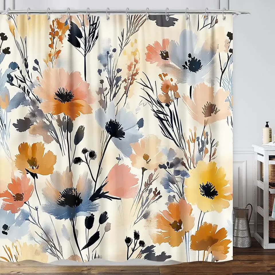 Rustic Boho Floral Shower Curtain, Bright Colorful Watercolor Flower Botanical Shower Curtain, Cute Minimalist Aesthetic Floral Bath Curtain with 12 Hooks, 72"×72" Beige Cream Tan Grey Blue Pink
