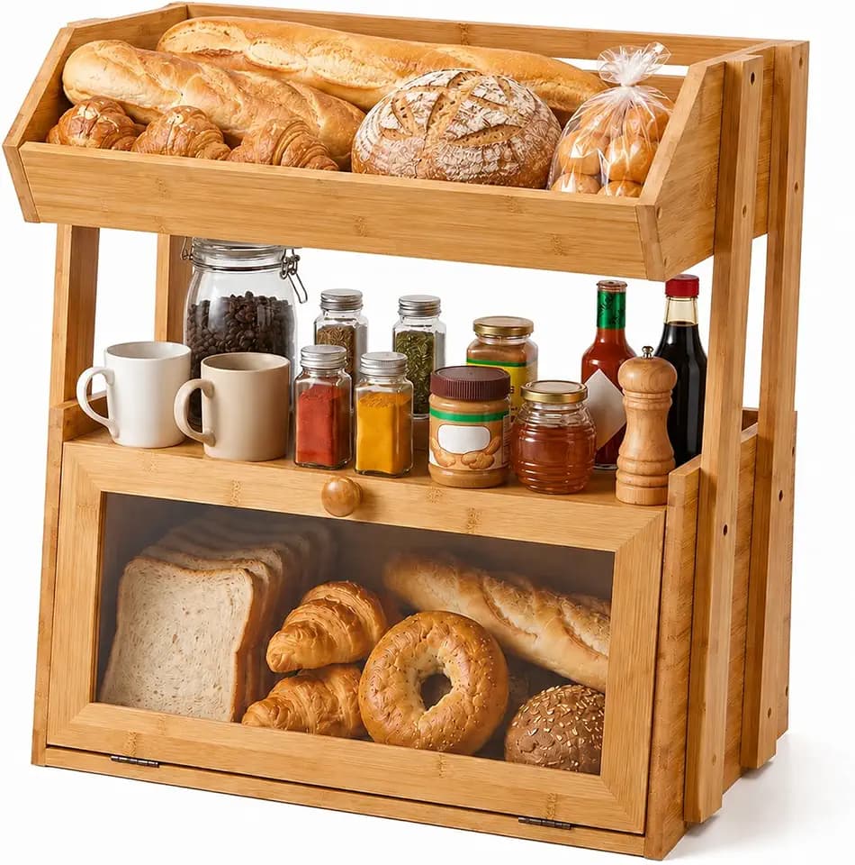 3-Tier Bamboo Bread Box for Kitchen Countertop with Fruit Basket