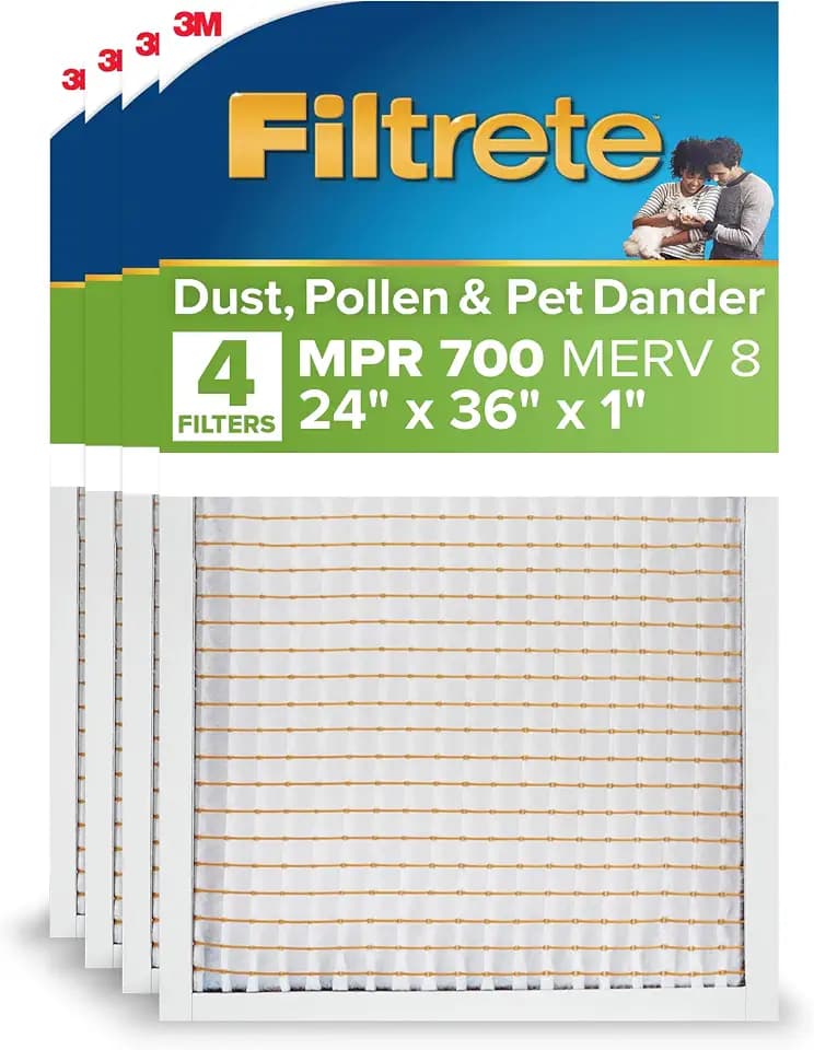 Filtrete 24x36x1 AC Furnace Air Filter, MERV 8, MPR 700, Tough on Pollen, Easy on Airflow, 3-Month Pleated 1-Inch Electrostatic Air Cleaning Filter, 4-Pack (Actual Size 23.81 x 35.81 x 0.65 in)