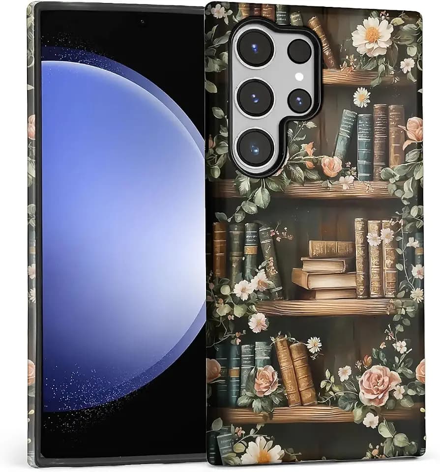 Case for Samsung Galaxy S24 Ultra,Vintage Flowers Entwined Bookshelf Exquisitely Pattern Double Protective Phone Cover Cases Soft Silicone for Samsung Galaxy S24 Ultra