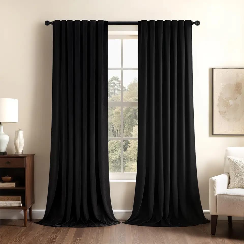 Topfinel Extra Long Black Velvet Blackout Curtains 108 Inches Long for Living Room Bedroom/Large Window Rod Pocket Light Blocking Noise Cancelling Heavy Tall Floor Length Track Curtains 2 Panels 9 FT