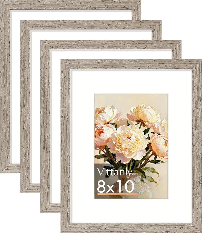 Vittanly Solid Wood 8x10 Picture Frame with Mat, Light Brown, 4 Pack
