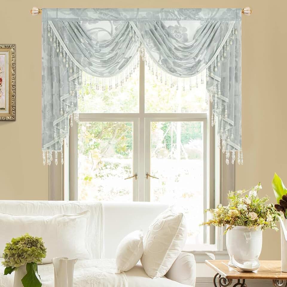 VOGOL Gray Peony Sheer Swag Window Valance with Beads, 59 x 43, 1 Panel