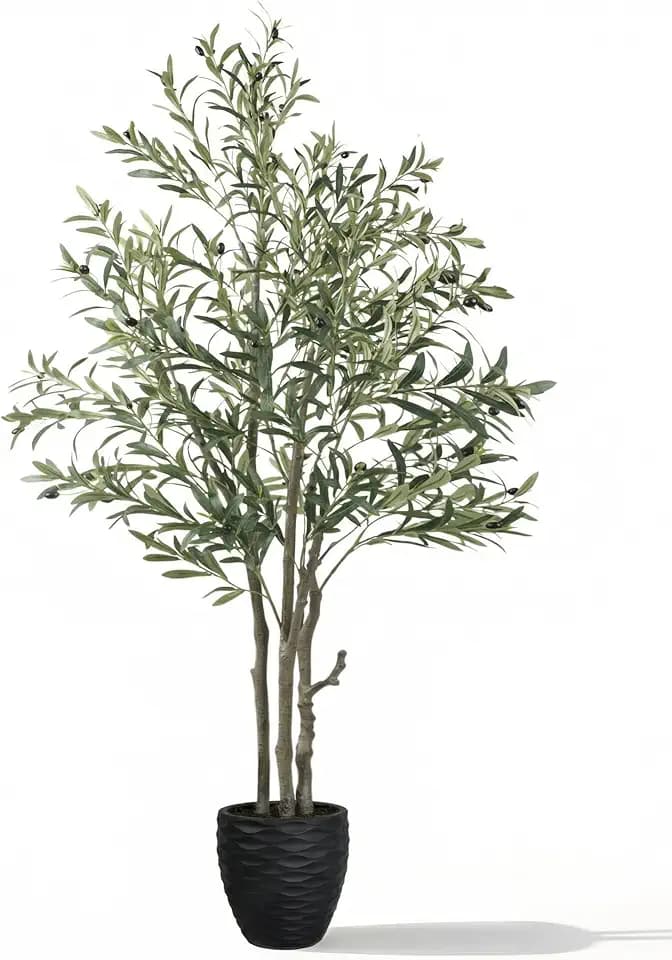 KOL 6ft Artificial Olive Tree Indoor, Tall Faux Olive Trees, Fake Olive Tree Floor Plant for Home Office Living Room Decor with Matte Black Pot