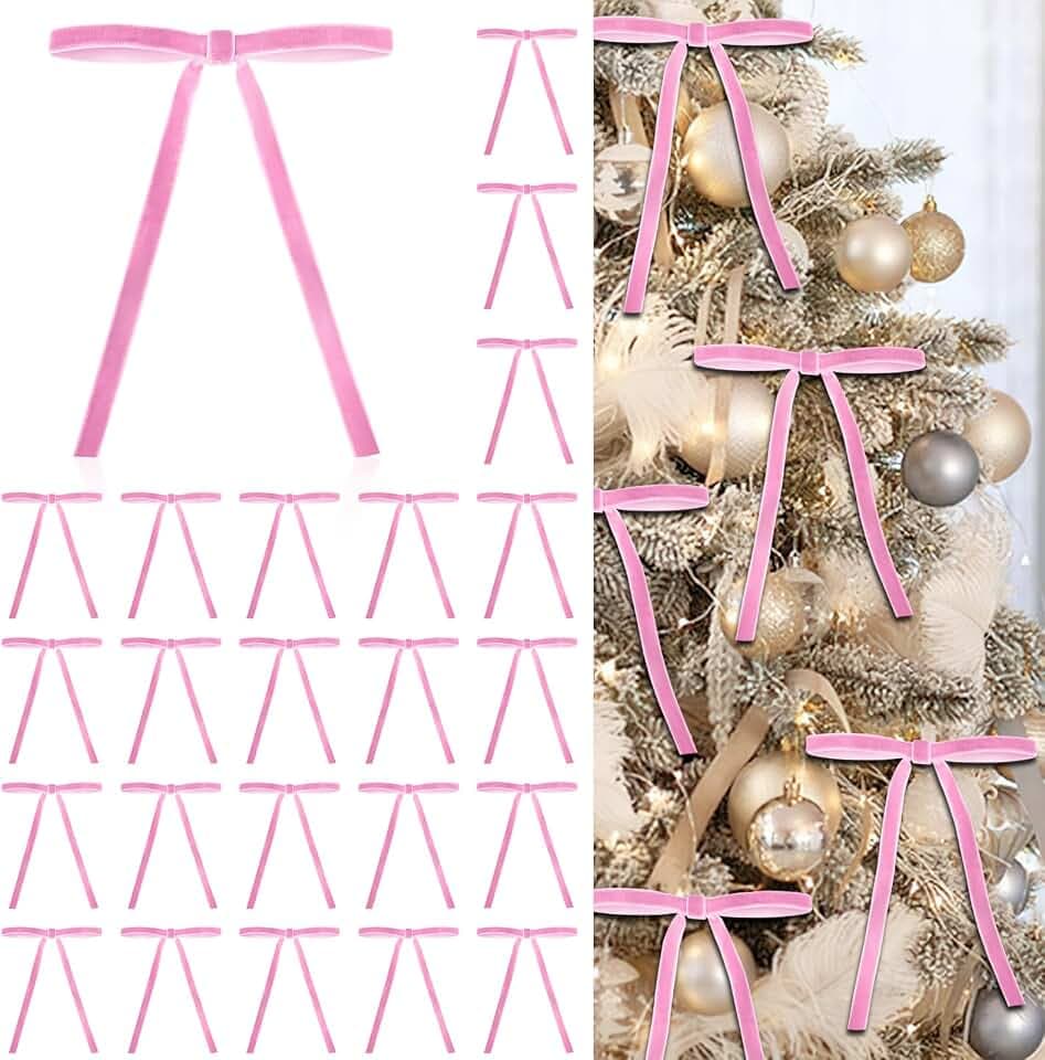 Babycop 24 Pcs Pink Velvet Bows for Christmas Tree, Pink Christmas Decor