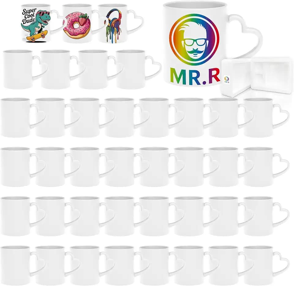 MR.R Set of 48 Sublimation Blanks Dishwasher White Ceramic Coffee Mugs 11oz Blank Ceramic Classic Drinking Cup Mug with Heart Handle for Milk Tea Cola Water