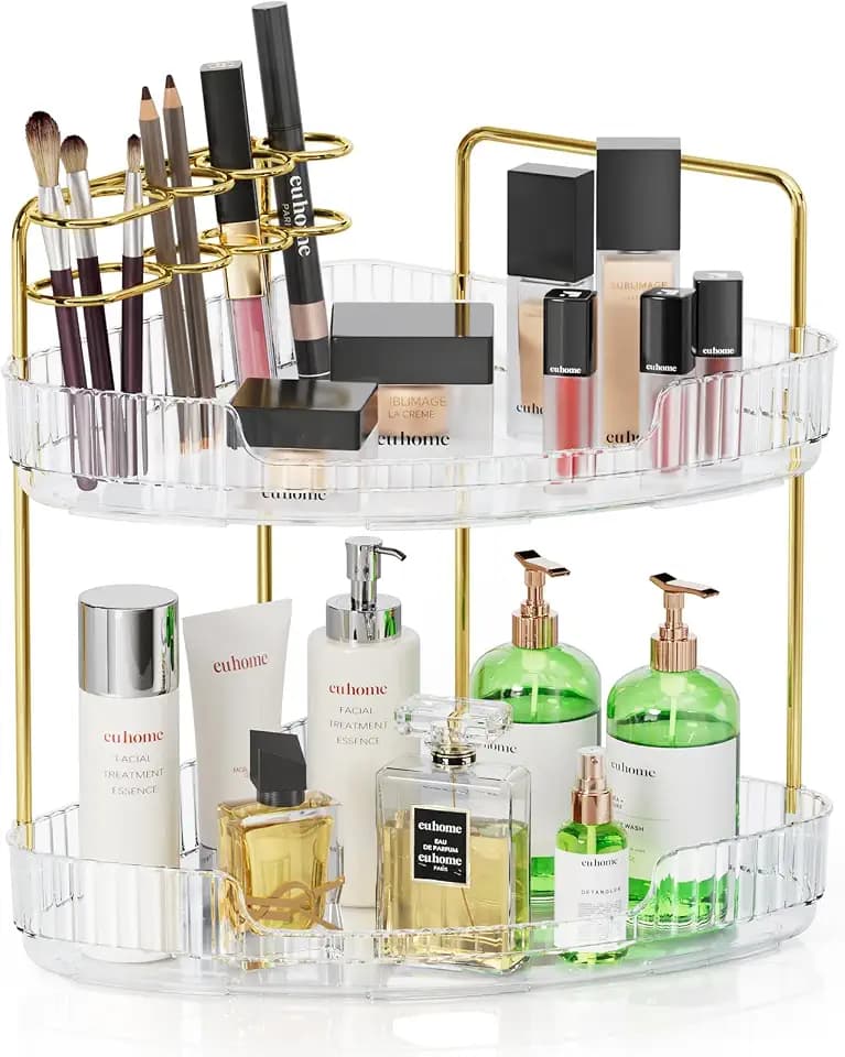EUHOME 2-Tier Corner Bathroom Organizer Counter - Acrylic Makeup Skincare Organizer with Brush Holder, Perfume Tray for Countertop, Vanity, Dresser, Kitchen(Clear)
