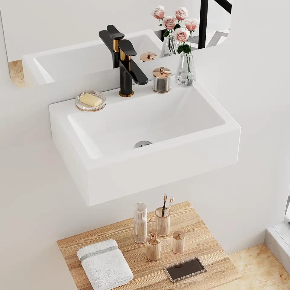Floating Bathroom Vessel Sink Wall Mount, Hugsleek 16 x 12 inch Rectangle White Porcelain Ceramic Vessel Sink Wall Mounted Hang Bath Sink Bowl Basin Lavatory Vanity Restroom With Faucet Hole