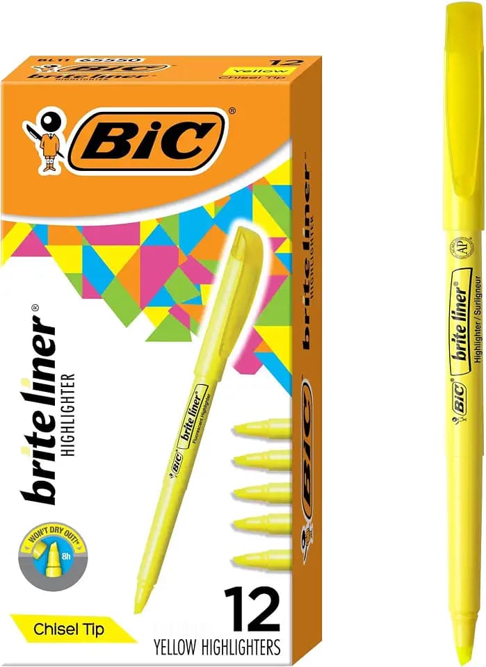 BIC Brite Liner Highlighters, Chisel Tip, 12-Count Pack, Yellow Ink