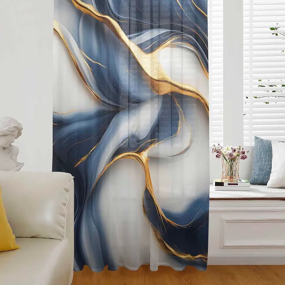 Navy Blue Gold Window Curtains 63''Long,Semi Sheer Rod Pocket Chiffon Curtains Drapes Drapery Voile Draperies Window Treatment Living Room/Bedroom,Marble Modern Art Abstract Gradient Gray