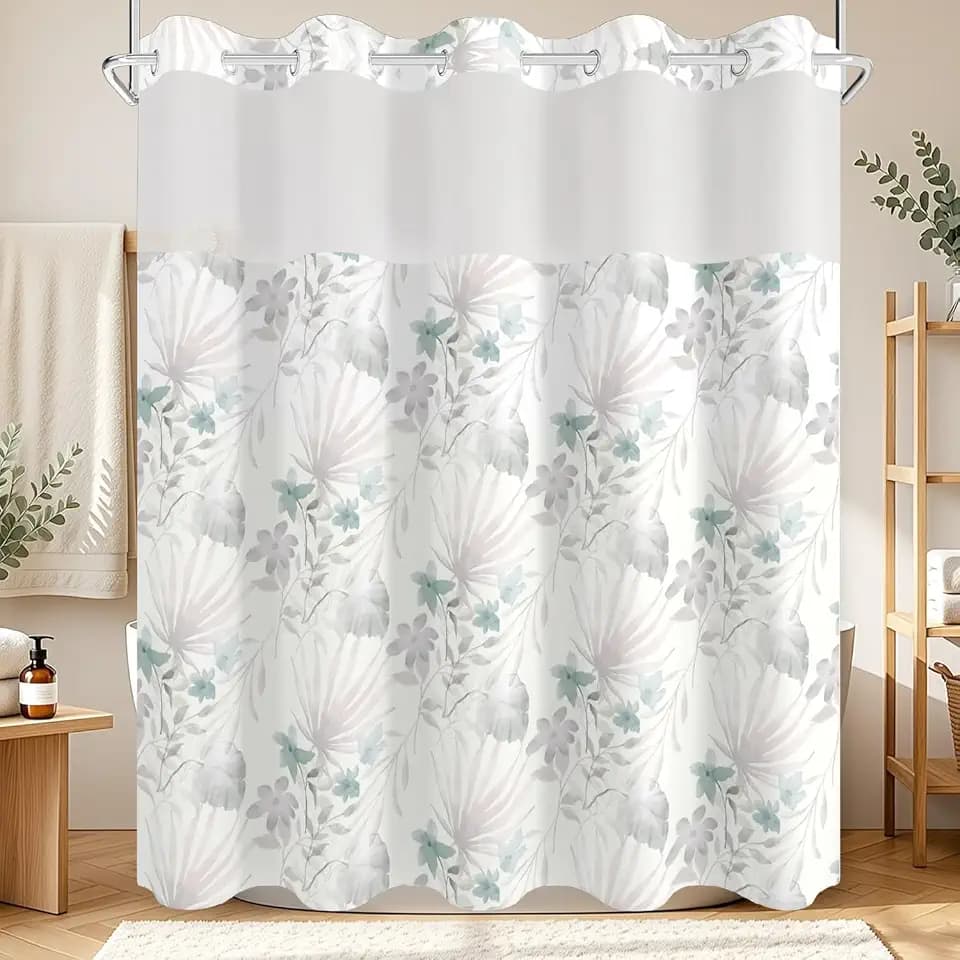 No Hook Shower Curtain with Snap in Liner Set, Boho Mint Floral Neutral Pastel Tropical Leaf Decorative Waterproof Fabric Shower Curtain for College Dorm Hotel Apartment Bathroom Bathtub, 71x74 Inch