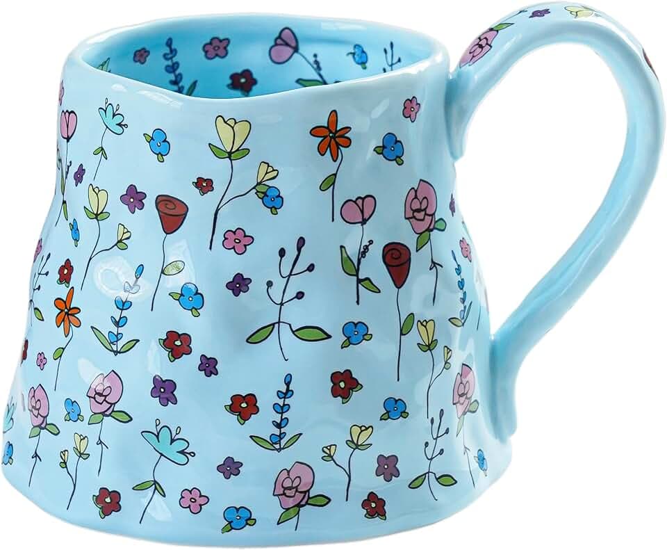 Ceramic Coffee Mug, 20oz Blue Large Mugs with Big Handle, Cute Floral Cup for Latte, Tea, Cocoa, Porcelain Big Tea Cups for Women Mothers Day, Dishwasher and Microwave Safe