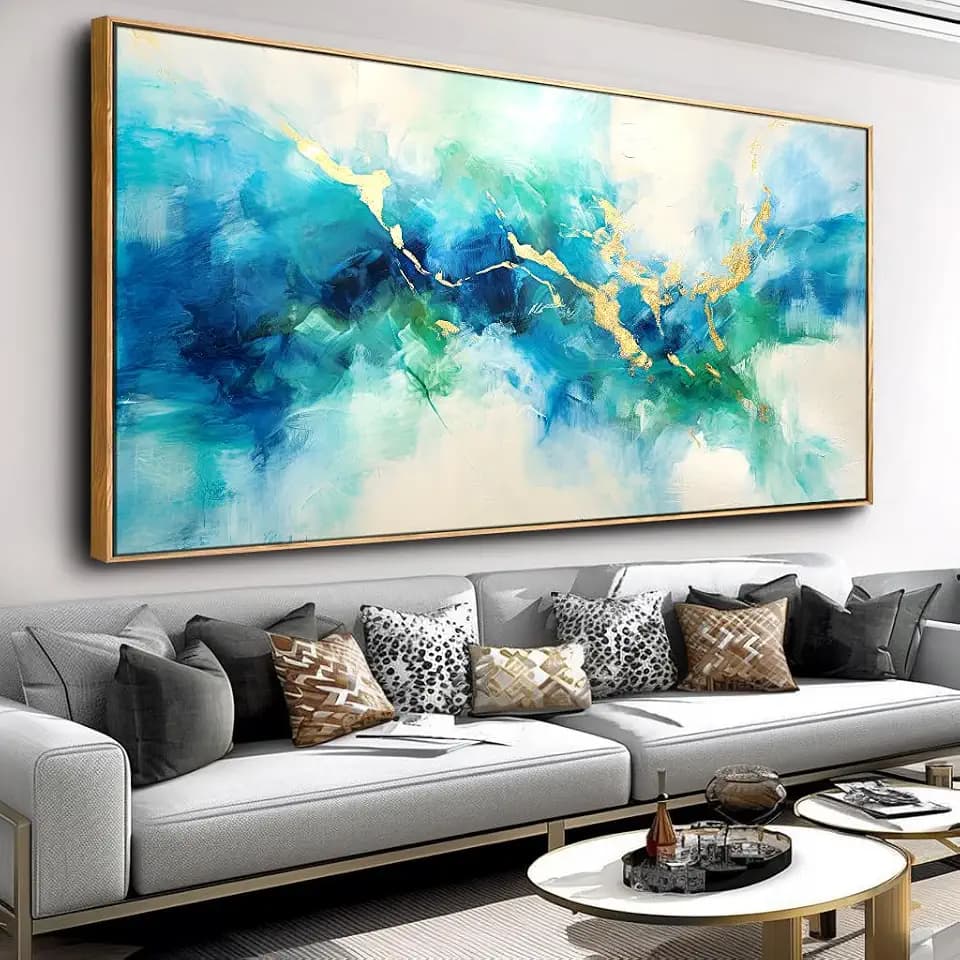 Wall Art Abstract Canvas Painting Green Blue and Gold Fantasy Wall Decor Modern Artwork for Bedroom Living Room Dining Room Home Office Decor 30"x60" with Framed