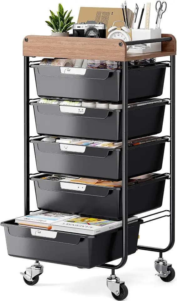 SYKIARIOL Utility Cart with 5 Labeling Drawers and Wooden Tabletop,Black