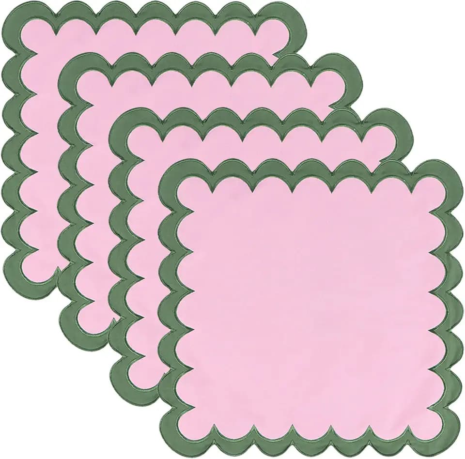 Scalloped Embroidery Cloth Napkins Set of 4 18"X18" Cotton Napkins for Potluck Party Wedding Table Decor(Pinkish Green)