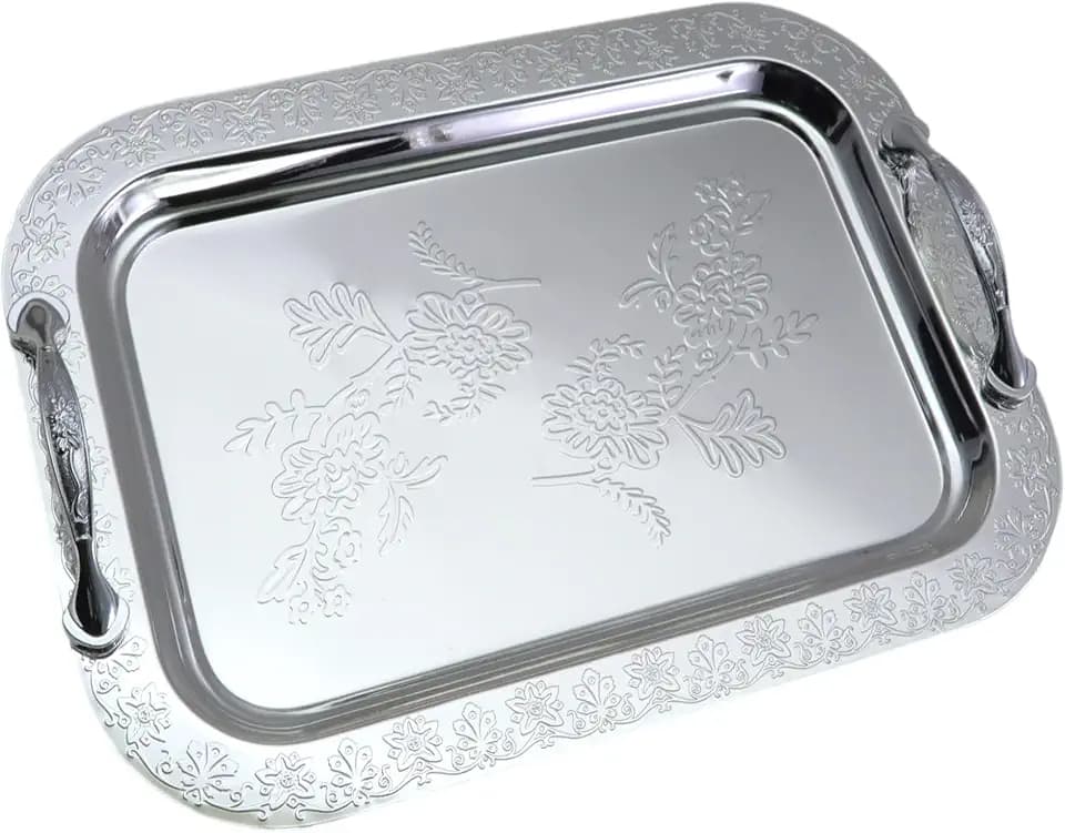 13.6 inch x 9.6 inch Oblong Chrome Plated Mirror Serving Tray with Handles Stylish Design Floral Engraved Edge Decorative Party Birthday Wedding Buffet Platter Plate FST-048