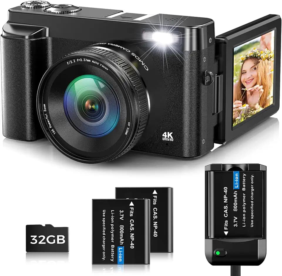 Digitalkamera 4K,Oiadek 48MP Autofokus Kamera Fotokamera mit 32G Speicherkarte 16X Digitalzoom,Kompaktkamera mit 3.0 Zoll 180° Flip Screen und Ladegerät für Jugendliche, Anfänger, Erwachsene