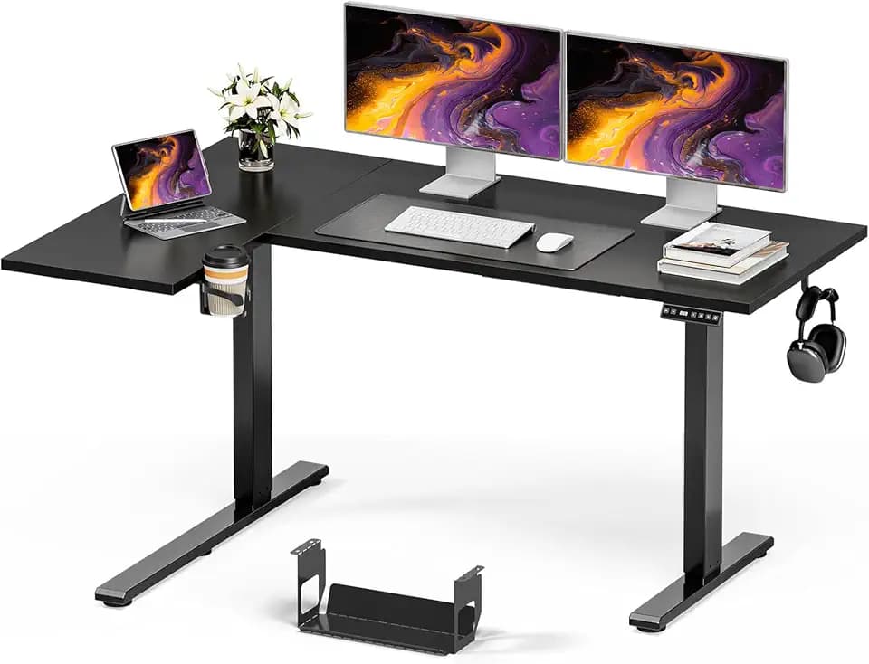 Muvai 59" L Shaped Standing Desk with Cable Tray, Reversible, Black