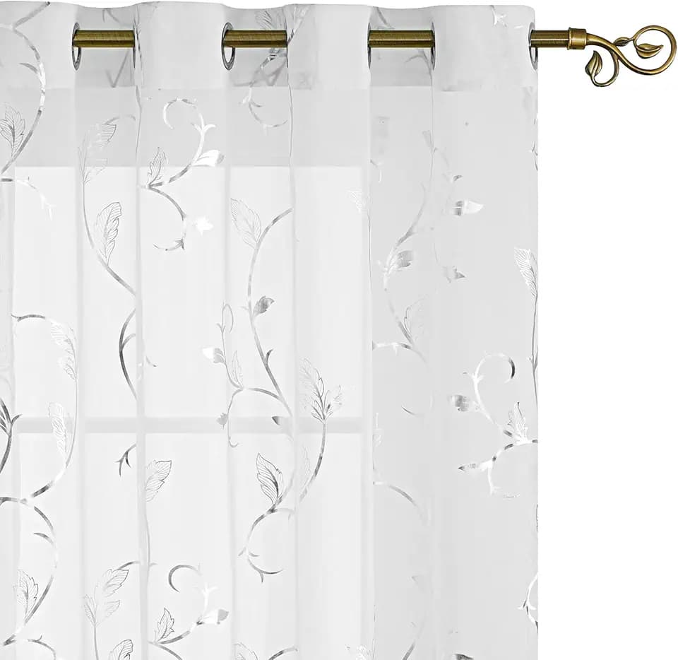 BUHUA White Sheer Curtains 96 Inch Length 2 Panels Set, Grommet Voile Curtains Silver Vine Printed, Elegant Home Decoration(55W x 96L Inch, White, Set of 2)