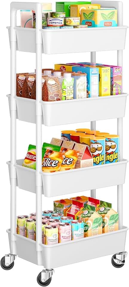 Pipishell 4 Tier Rolling Cart with Handle & Wheels for Storage, White