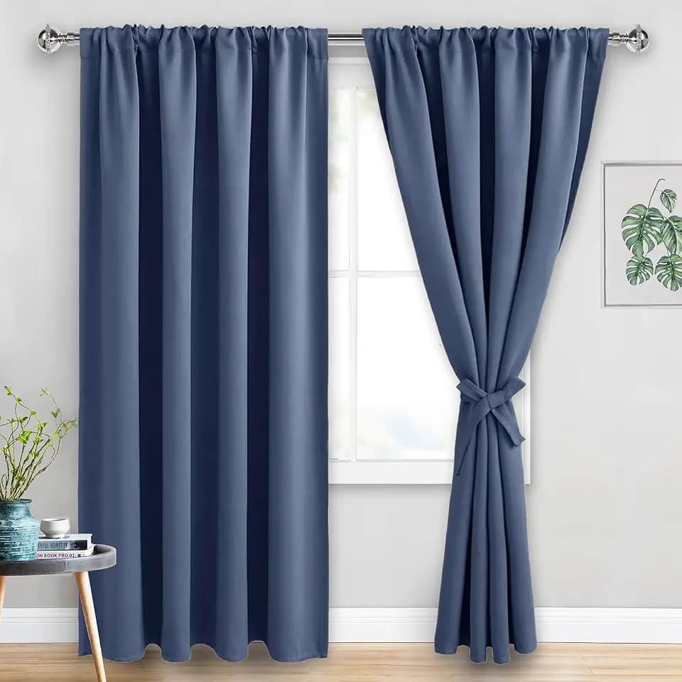 JIUZHEN Dusty Blue Blackout Curtains for Bedroom - Thermal Insulated Room Darkening Rod Pocket Curtains for Living Room, Set of 2 Panels with Tiebacks, 70 x 96 Inch Length, Dusty Blue