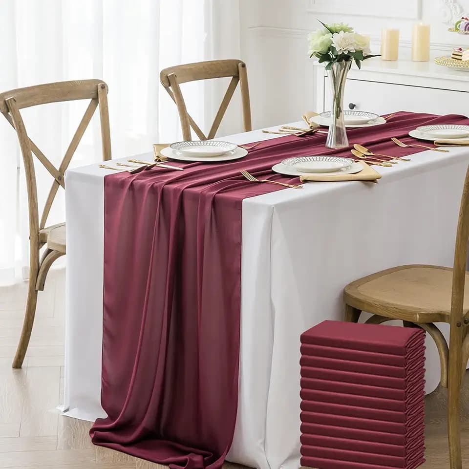 12 Pack Chiffon Table Runner 14x108 Inch Long 9ft Sheer Table Runners for Party Romantic Wedding Bridal Shower Fall Decorations-Burgundy