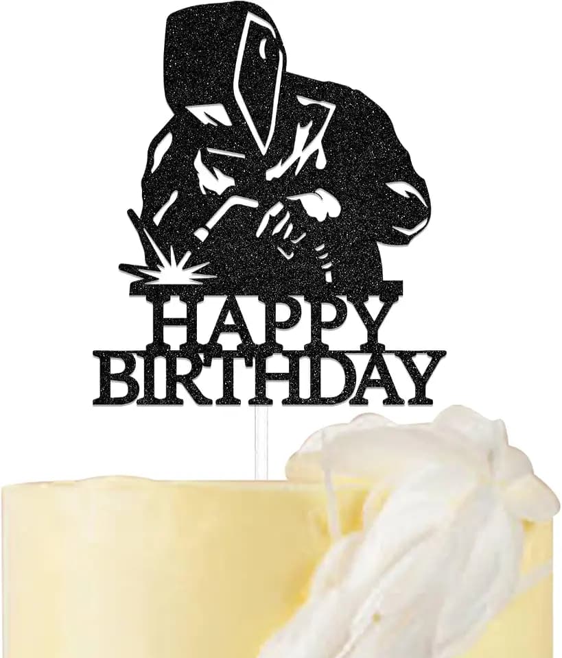 Welder Happy Birthday Cake Topper, Soldering Party Cake Decoration, Funny Birthday Party Cake Decoration for Man Women, Repairman Theme Birthday Bachelorette Party Supplies Black Glitter