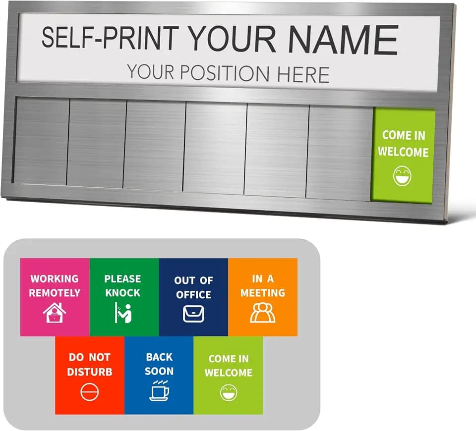 Name Plate for Desk& Office Door Sign, 7 Options Do Not Disturb, In A Meeting, Out of Office, Working Remotely, Please Knock, Come in Welcome,Stick or Stand with Desk Name Plate, Brushed Silver