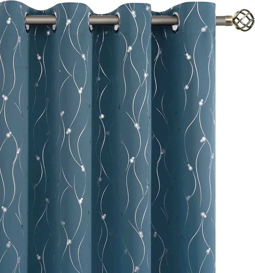 BGment Room Darkening Curtains 84 Inches Long, Grommet Thermal Insulated Blackout Curtains with Wave Line and Dots Printed for Bedroom, 2 Panels, Each 52 x 84 Inch, Steel Blue