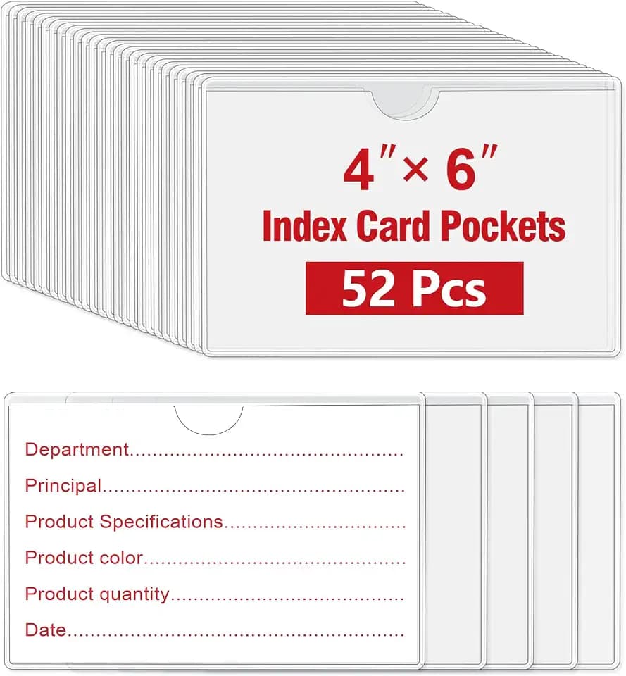 52 Pcs 4" x 6" Self Adhesive Index Card Pockets Label Pockets with Top Open