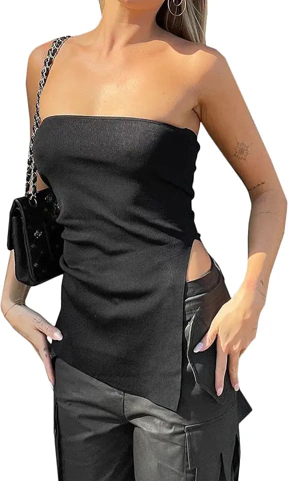 Lauweion Women's Strapless Knit Bandeau Tube Top Asymmetrical Slit Hem Solid Slim Fitted Y2K Sexy Going Out Tank Bustier