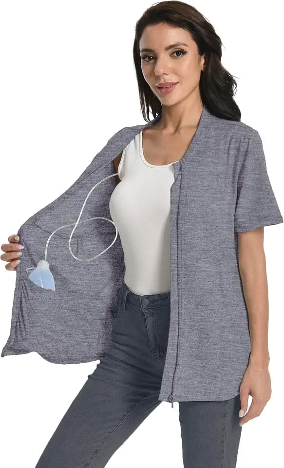 Post Mastectomy Zip Up Shirts with Drain Pockets Surgery Recovery Must Haves Clothing Comfy Short Sleeve Shirts