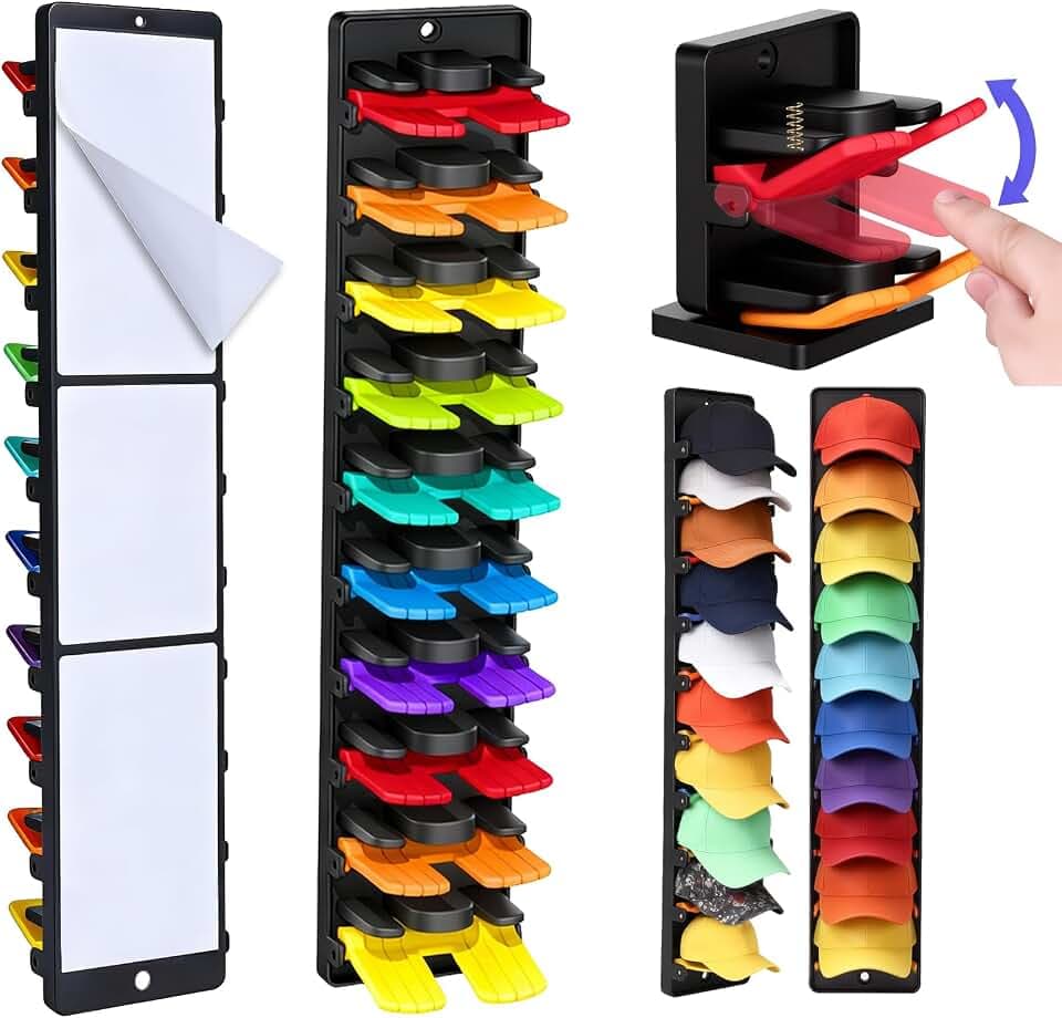 2-Pack Hat Rack for Wall, No-Drill Adhesive Baseball Cap Organizer with 20 Spring-Loaded Clips, Damage-Free Hat Holder for Closet Door Entryway, Screw Option Included, Space-Saving Hat Display Stand
