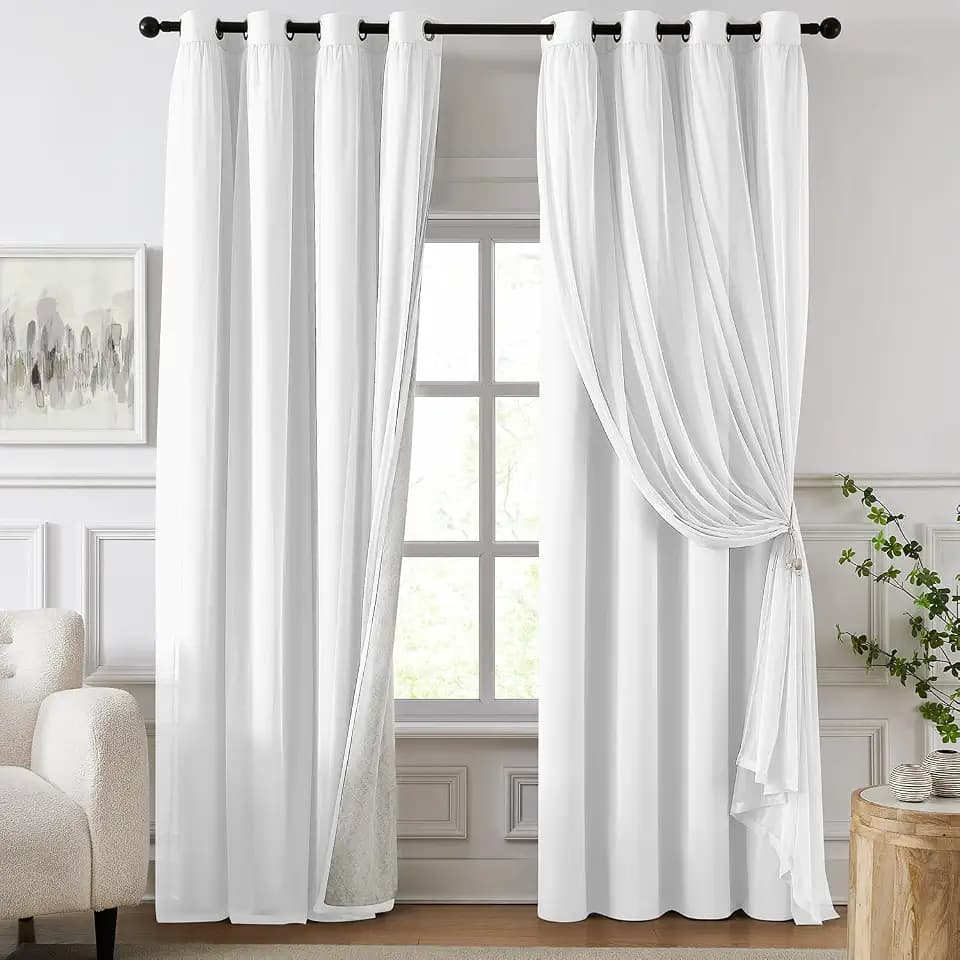 100% Blackout Curtains for Bedroom, Double Layer White 84" L