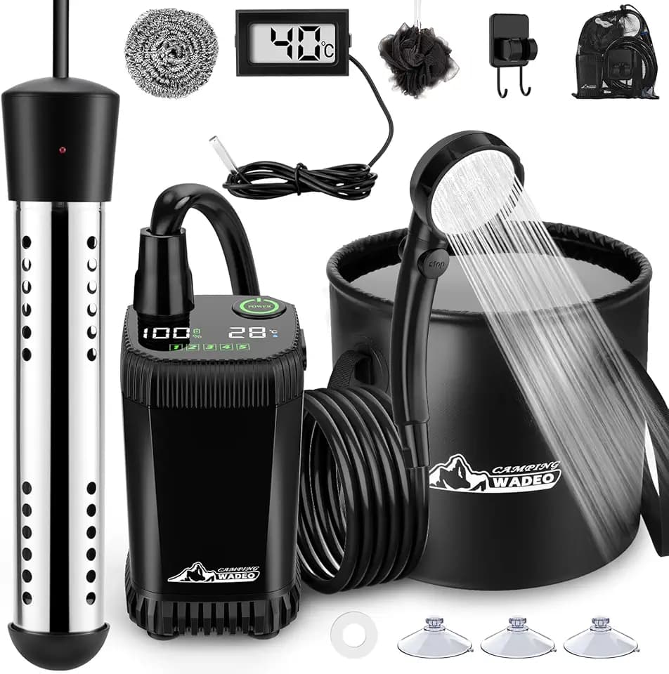 2026 Upgraded Portable Shower for Camping with Heater, Rechargeable Camping Shower with Intelligent LED Display, 5 Gal Foldable Bucket, 4 Spray Modes, Portable Shower for Travel, Pet Bath, Car Washing