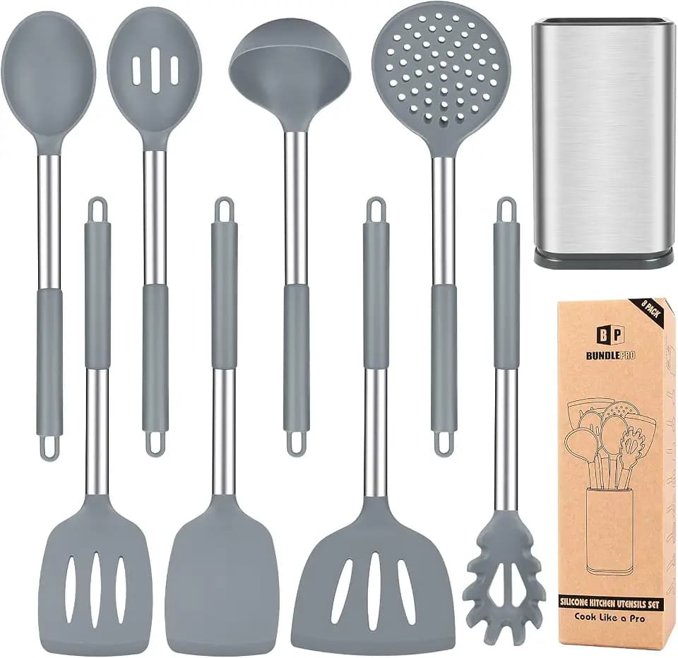 Silicone Kitchen Utensils Set, 8Pcs Cooking Utensils with Holder, Gray
